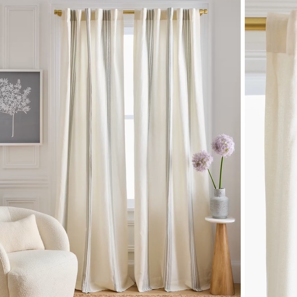 NWT QUINCE Set Of 2 48x108 Coastal Stripe Linen Cotton Curtains Iv/Sage 4880